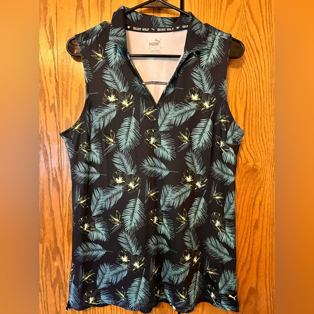 Puma Women's Blue and Green Tropical Print  Sleeveless Golf Polo. Size Medium